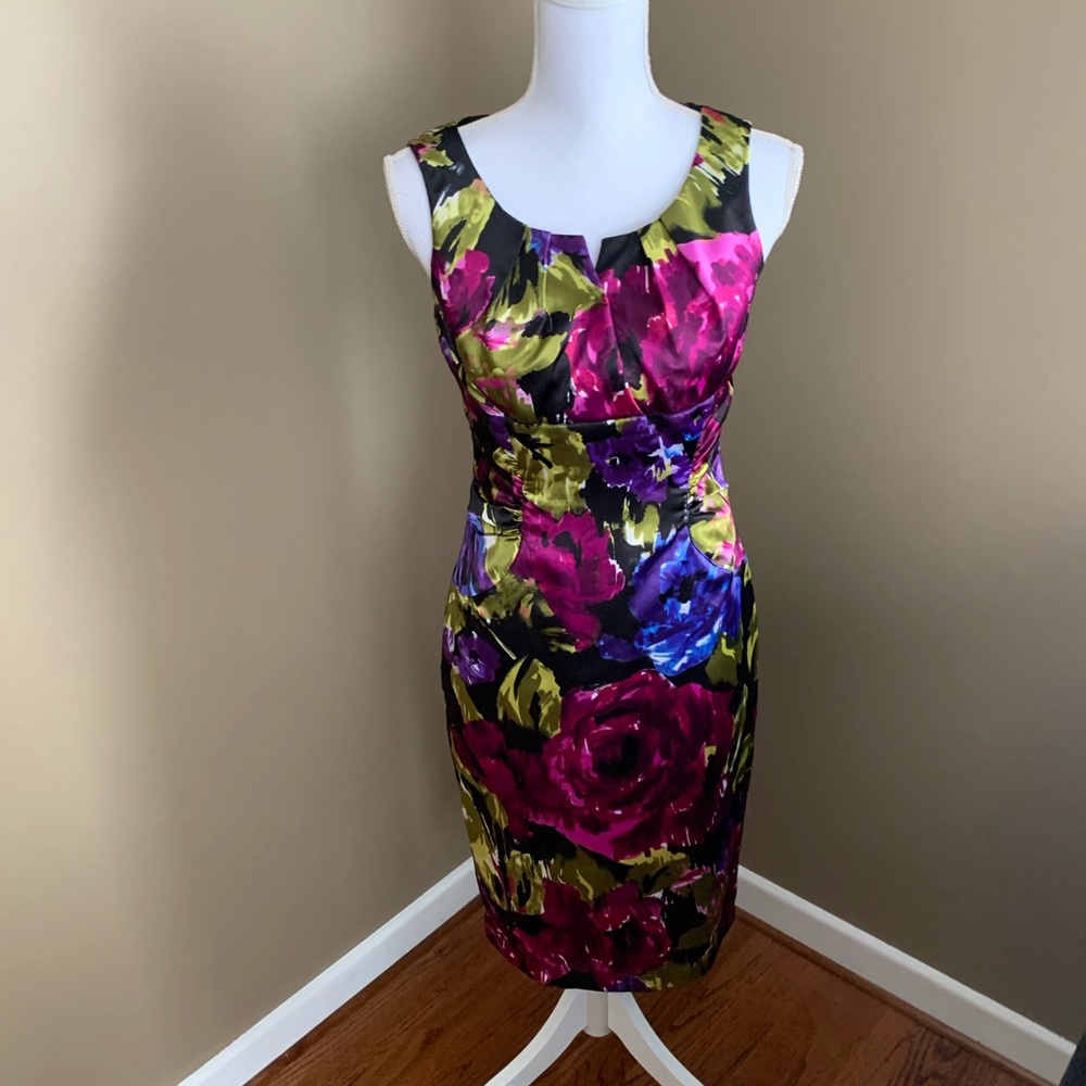 Adrianna Papel Floral Satin Ruched Dress